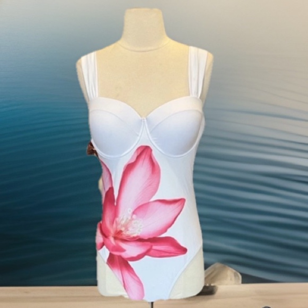 White Swimsuit Bold Pink Flower One Piece